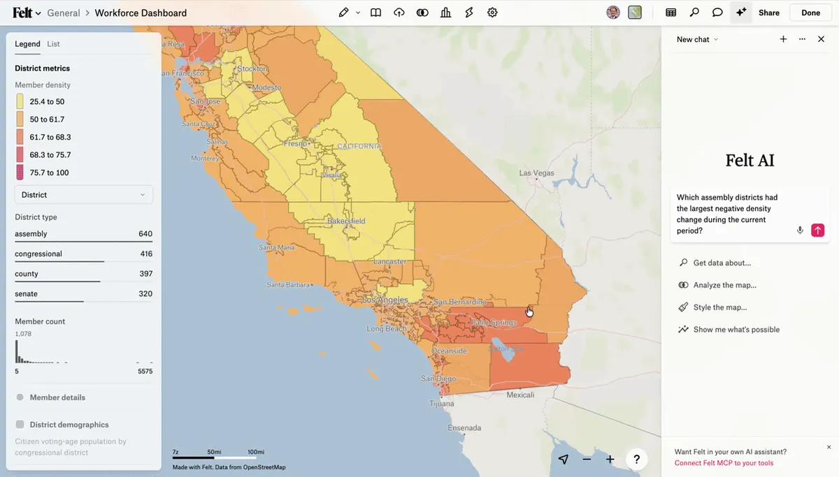 Asking Felt AI which assembly districts had the largest drop in member density; it restyles the map and summarizes the worst districts