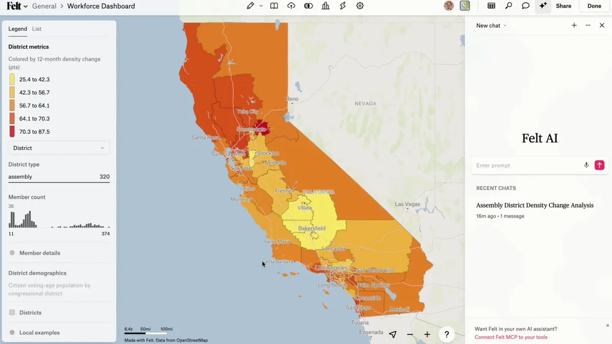 Felt AI writes a SQL query against a connected Postgres warehouse and adds the result to the map as a layer of highly unionized assembly districts