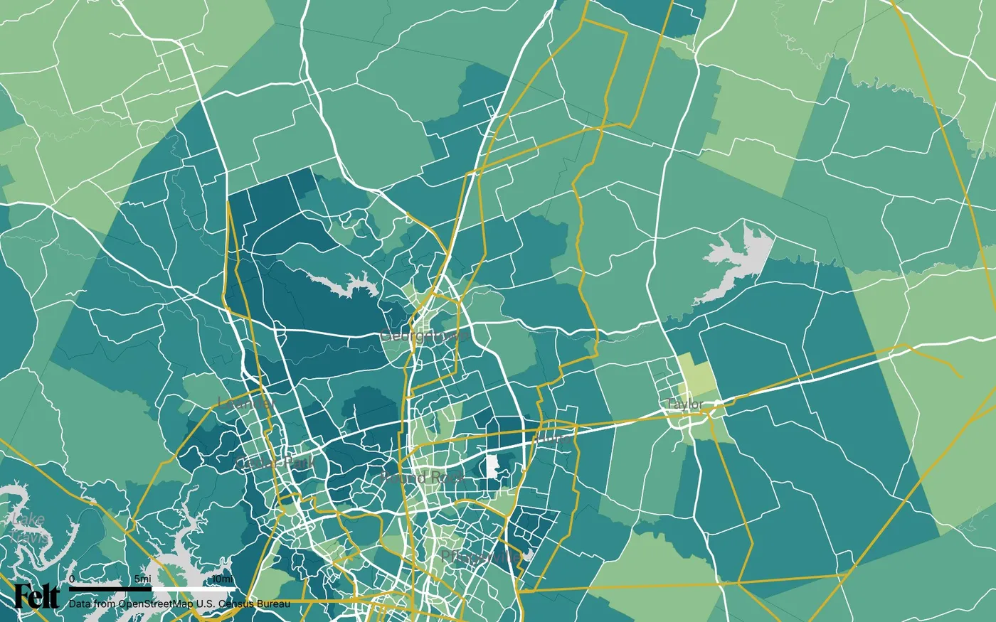 Map of Williamson County, Texas: the county outlined, with transmission lines over median household income by census tract