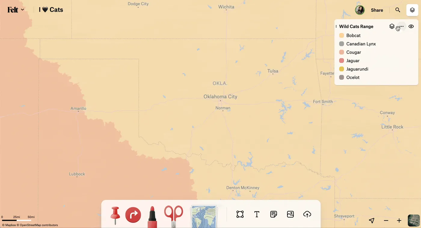 Choosing Zoom to fit from a layer’s menu zooms the map out to the full extent of a wild cat range layer